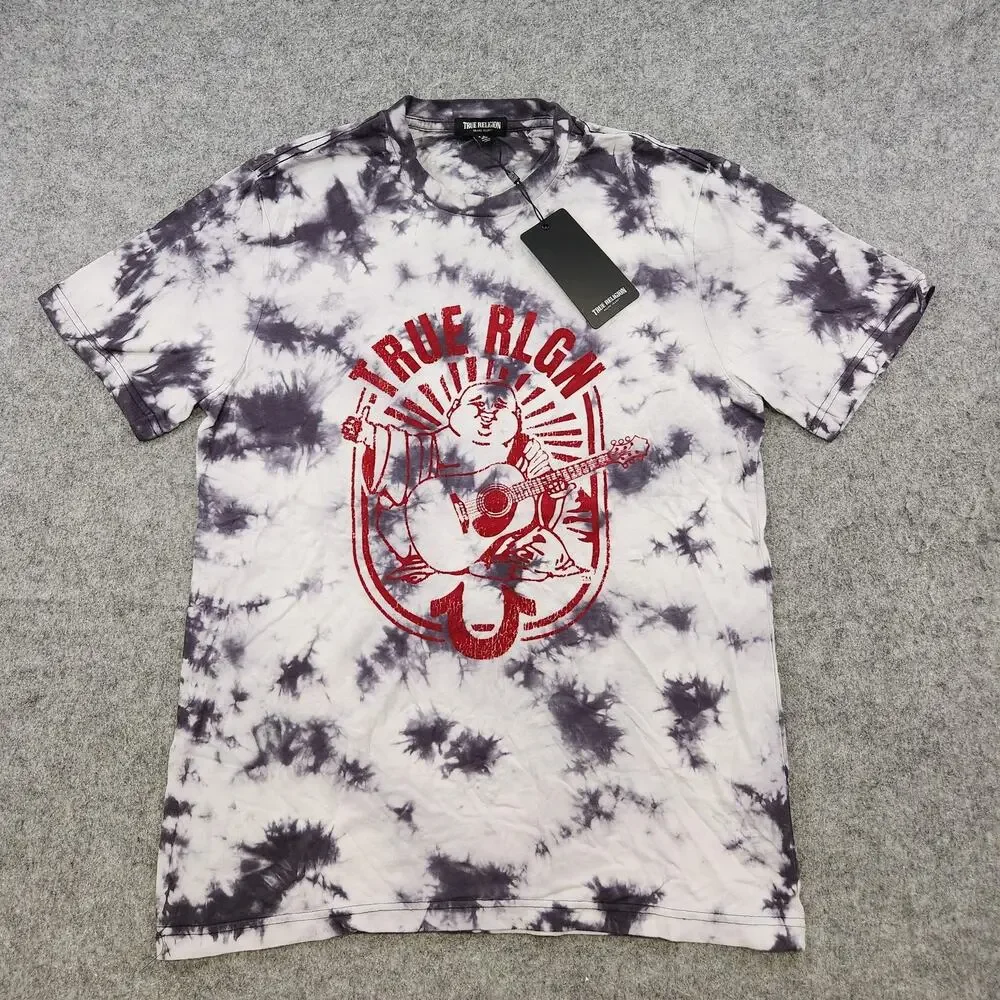 True Religion Shirt Mens Medium Tie Dye Onyx White SS Lullaby Buddha Graphic Tee
